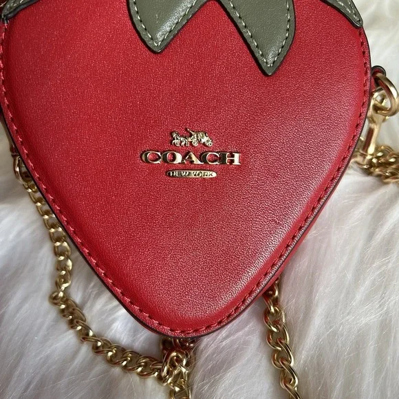 Coach Strawberry Coin Purse Crossbody Bag Red Leather Gold Chain Novelty Mini - Picture 9 of 9